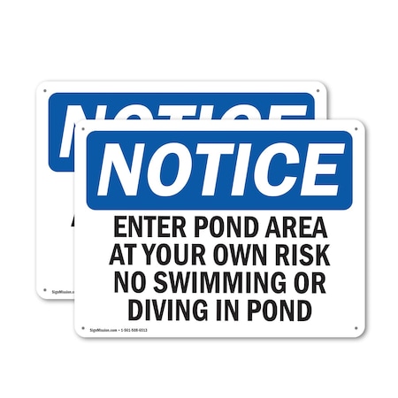 Signmission Enter Pond Area At Your Own Risk No Swimming, 18 in W x Rectangle, Aluminum OS-2PACK-NS-A-1218-L-12081